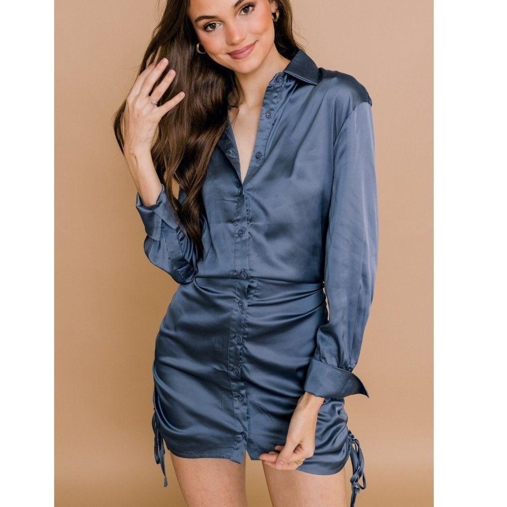 Mable Dress‎ Medium Gray Blue Satin Mini Long Sleeve Button Down Ruched Bodycon